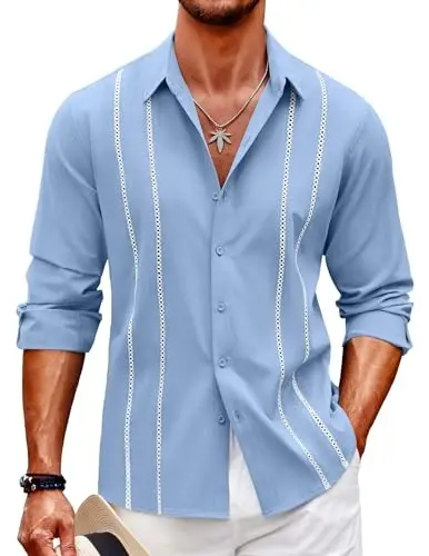COOFANDY Mens Cuban Guayabera Shirt Casual Button Down Shirts Long Sleeve Summer Beach Shirts - 1
