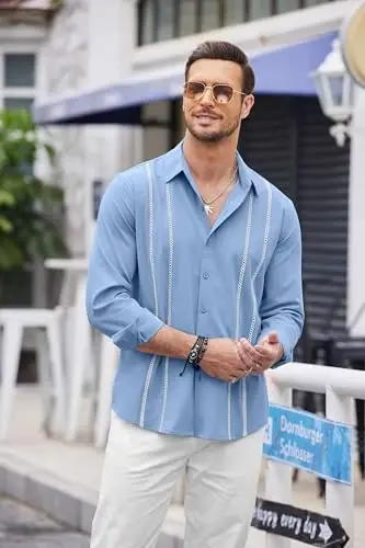 COOFANDY Mens Cuban Guayabera Shirt Casual Button Down Shirts Long Sleeve Summer Beach Shirts - 3