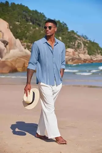COOFANDY Mens Cuban Guayabera Shirt Casual Button Down Shirts Long Sleeve Summer Beach Shirts - 4