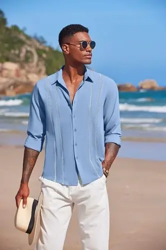 COOFANDY Mens Cuban Guayabera Shirt Casual Button Down Shirts Long Sleeve Summer Beach Shirts - 5