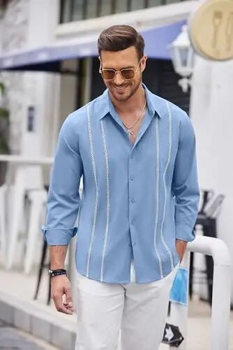 COOFANDY Mens Cuban Guayabera Shirt Casual Button Down Shirts Long Sleeve Summer Beach Shirts - COOFANDY (1)