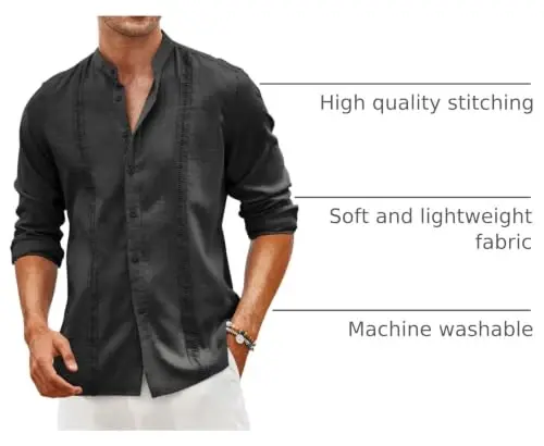 COOFANDY Men's Cuban Guayabera Shirt Casual Long Sleeve Button Down Shirts Band Collar Linen Summer Beach Shirt - 4