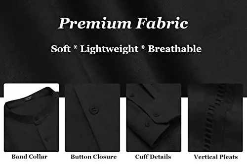COOFANDY Men's Cuban Guayabera Shirt Casual Long Sleeve Button Down Shirts Band Collar Linen Summer Beach Shirt - 6