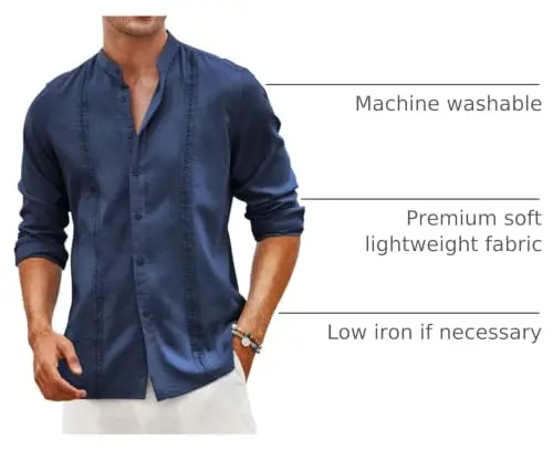 COOFANDY Men's Cuban Guayabera Shirt Casual Long Sleeve Button Down Shirts Band Collar Linen Summer Beach Shirt - 4