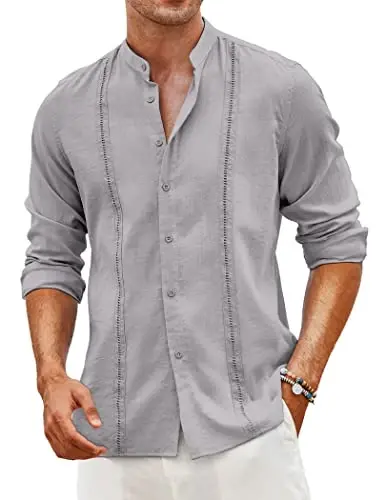 COOFANDY Men's Cuban Guayabera Shirt Casual Long Sleeve Button Down Shirts Band Collar Linen Summer Beach Shirt - COOFANDY