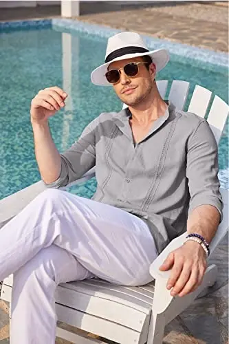 COOFANDY Men's Cuban Guayabera Shirt Casual Long Sleeve Button Down Shirts Band Collar Linen Summer Beach Shirt - COOFANDY (1)