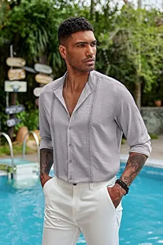 COOFANDY Men's Cuban Guayabera Shirt Casual Long Sleeve Button Down Shirts Band Collar Linen Summer Beach Shirt - 3