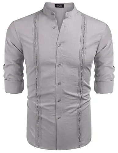 COOFANDY Men's Cuban Guayabera Shirt Casual Long Sleeve Button Down Shirts Band Collar Linen Summer Beach Shirt - 4