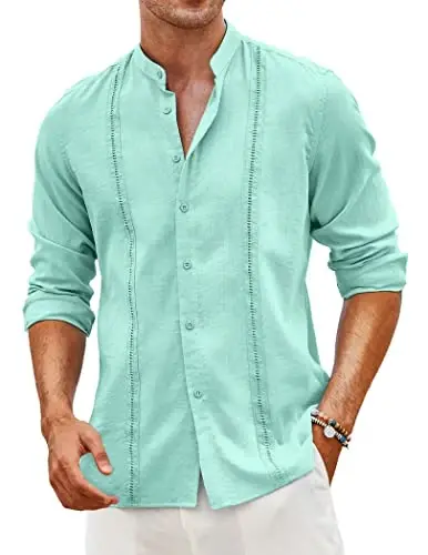 COOFANDY Men's Cuban Guayabera Shirt Casual Long Sleeve Button Down Shirts Band Collar Linen Summer Beach Shirt - 1