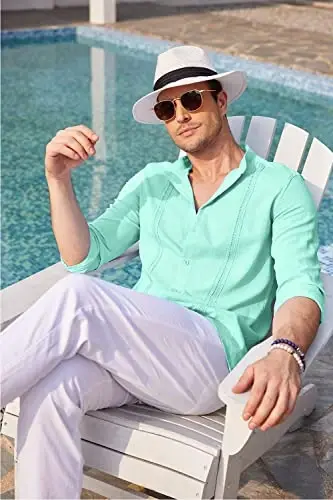 COOFANDY Men's Cuban Guayabera Shirt Casual Long Sleeve Button Down Shirts Band Collar Linen Summer Beach Shirt - 2