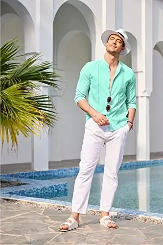 COOFANDY Men's Cuban Guayabera Shirt Casual Long Sleeve Button Down Shirts Band Collar Linen Summer Beach Shirt - 3