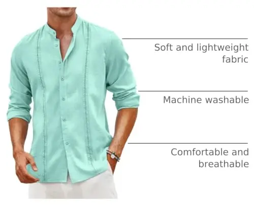 COOFANDY Men's Cuban Guayabera Shirt Casual Long Sleeve Button Down Shirts Band Collar Linen Summer Beach Shirt - 4