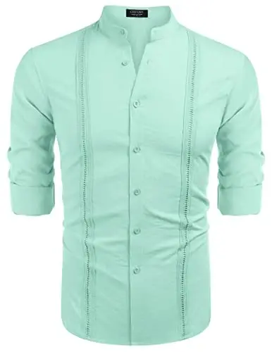 COOFANDY Men's Cuban Guayabera Shirt Casual Long Sleeve Button Down Shirts Band Collar Linen Summer Beach Shirt - 5