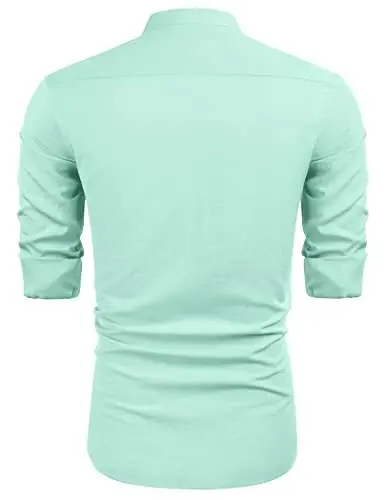 COOFANDY Men's Cuban Guayabera Shirt Casual Long Sleeve Button Down Shirts Band Collar Linen Summer Beach Shirt - 6