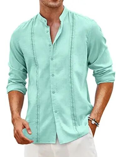 COOFANDY Men's Cuban Guayabera Shirt Casual Long Sleeve Button Down Shirts Band Collar Linen Summer Beach Shirt 