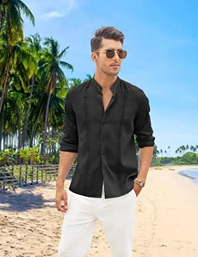 COOFANDY Men's Cuban Guayabera Shirt Casual Long Sleeve Button Down Shirts Band Collar Linen Summer Beach Shirt - COOFANDY (1)