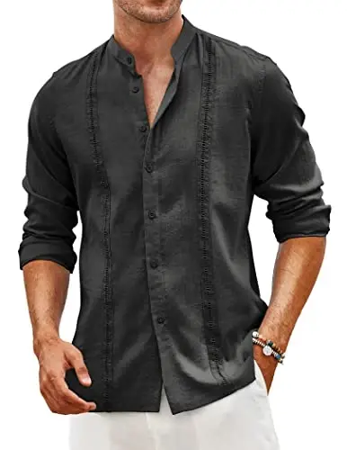 COOFANDY Men's Cuban Guayabera Shirt Casual Long Sleeve Button Down Shirts Band Collar Linen Summer Beach Shirt - 1