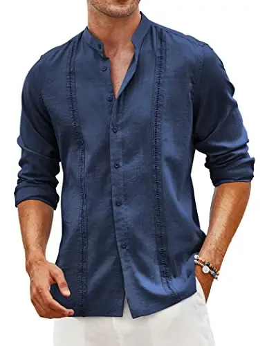 COOFANDY Men's Cuban Guayabera Shirt Casual Long Sleeve Button Down Shirts Band Collar Linen Summer Beach Shirt 