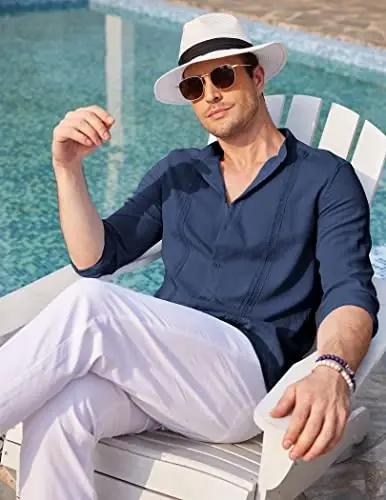 COOFANDY Men's Cuban Guayabera Shirt Casual Long Sleeve Button Down Shirts Band Collar Linen Summer Beach Shirt - COOFANDY (1)