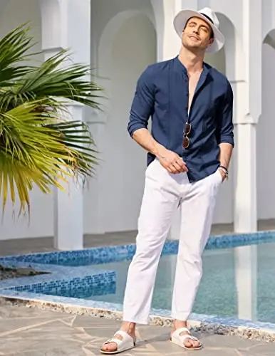 COOFANDY Men's Cuban Guayabera Shirt Casual Long Sleeve Button Down Shirts Band Collar Linen Summer Beach Shirt - 3