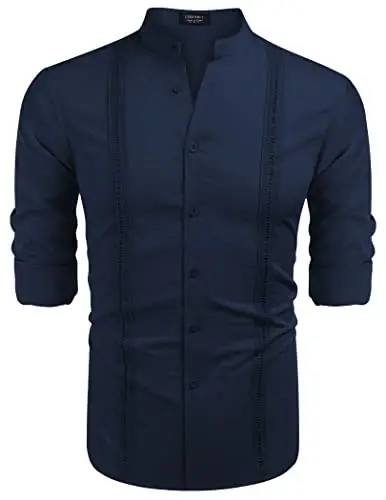 COOFANDY Men's Cuban Guayabera Shirt Casual Long Sleeve Button Down Shirts Band Collar Linen Summer Beach Shirt - 5