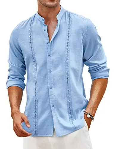 COOFANDY Men's Cuban Guayabera Shirt Casual Long Sleeve Button Down Shirts Band Collar Linen Summer Beach Shirt 