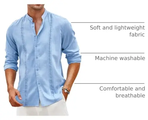 COOFANDY Men's Cuban Guayabera Shirt Casual Long Sleeve Button Down Shirts Band Collar Linen Summer Beach Shirt - 4