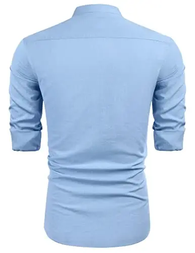 COOFANDY Men's Cuban Guayabera Shirt Casual Long Sleeve Button Down Shirts Band Collar Linen Summer Beach Shirt - 6
