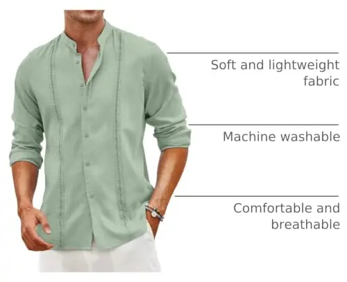 COOFANDY Men's Cuban Guayabera Shirt Casual Long Sleeve Button Down Shirts Band Collar Linen Summer Beach Shirt - 4