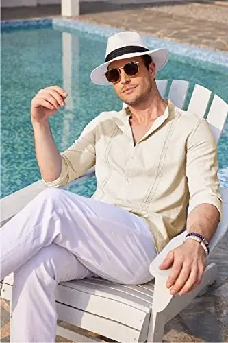 COOFANDY Men's Cuban Guayabera Shirt Casual Long Sleeve Button Down Shirts Band Collar Linen Summer Beach Shirt - COOFANDY (1)