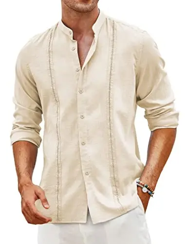COOFANDY Men's Cuban Guayabera Shirt Casual Long Sleeve Button Down Shirts Band Collar Linen Summer Beach Shirt - COOFANDY