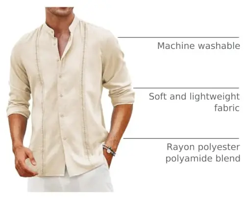 COOFANDY Men's Cuban Guayabera Shirt Casual Long Sleeve Button Down Shirts Band Collar Linen Summer Beach Shirt - 4