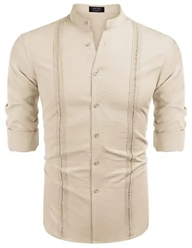 COOFANDY Men's Cuban Guayabera Shirt Casual Long Sleeve Button Down Shirts Band Collar Linen Summer Beach Shirt - 6
