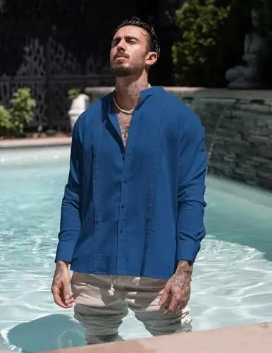 COOFANDY Men's Cuban Guayabera Shirt Casual Long Sleeve Button Down Shirts Band Collar Linen Summer Beach Shirt - COOFANDY (1)