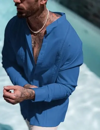 COOFANDY Men's Cuban Guayabera Shirt Casual Long Sleeve Button Down Shirts Band Collar Linen Summer Beach Shirt - 3