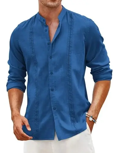 COOFANDY Men's Cuban Guayabera Shirt Casual Long Sleeve Button Down Shirts Band Collar Linen Summer Beach Shirt - COOFANDY