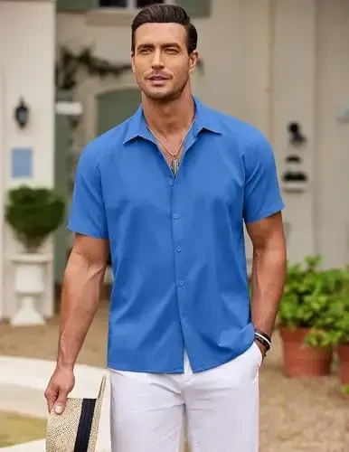 COOFANDY Men's Cuban Guayabera Shirt Short Sleeve Button Down Shirts Casual Summer Beach Shirts - 2