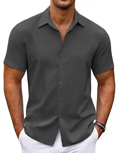 COOFANDY Men's Cuban Guayabera Shirt Short Sleeve Button Down Shirts Casual Summer Beach Shirts - MODAZONE