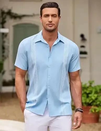 COOFANDY Men's Cuban Guayabera Shirt Short Sleeve Button Down Shirts Casual Summer Beach Shirts - 2