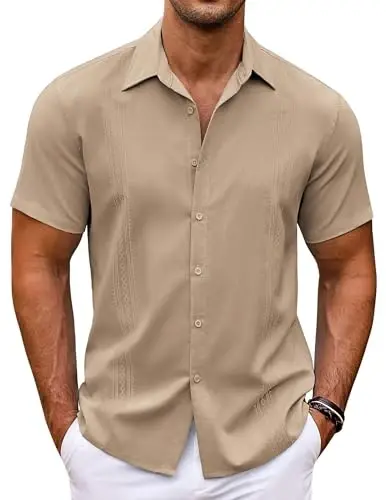 COOFANDY Men's Cuban Guayabera Shirt Short Sleeve Button Down Shirts Casual Summer Beach Shirts - MODAZONE