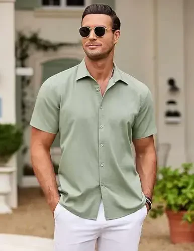 COOFANDY Men's Cuban Guayabera Shirt Short Sleeve Button Down Shirts Casual Summer Beach Shirts - 2