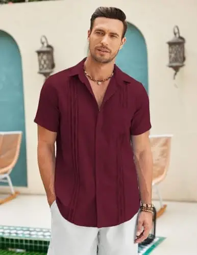 COOFANDY Mens Cuban Guayabera Shirt Short Sleeve Linen Button Down Shirts Casual Summer Beach Tops - 2