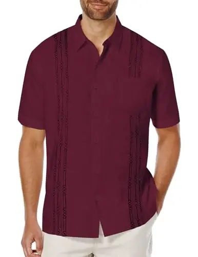 COOFANDY Mens Cuban Guayabera Shirt Short Sleeve Linen Button Down Shirts Casual Summer Beach Tops 