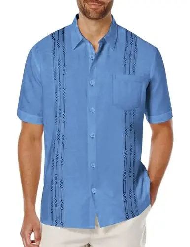 COOFANDY Mens Cuban Guayabera Shirt Short Sleeve Linen Button Down Shirts Casual Summer Beach Tops 