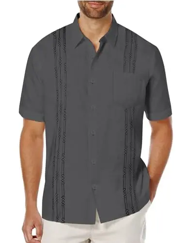 COOFANDY Mens Cuban Guayabera Shirt Short Sleeve Linen Button Down Shirts Casual Summer Beach Tops 