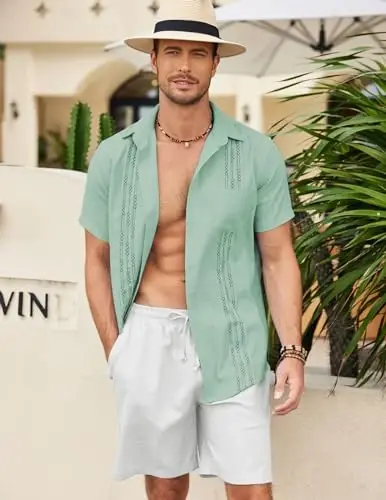 COOFANDY Mens Cuban Guayabera Shirt Short Sleeve Linen Button Down Shirts Casual Summer Beach Tops - 3