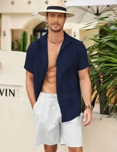 COOFANDY Mens Cuban Guayabera Shirt Short Sleeve Linen Button Down Shirts Casual Summer Beach Tops - 3