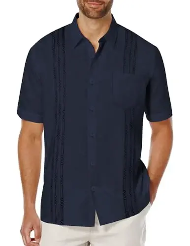 COOFANDY Mens Cuban Guayabera Shirt Short Sleeve Linen Button Down Shirts Casual Summer Beach Tops 