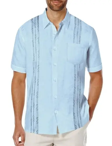 COOFANDY Mens Cuban Guayabera Shirt Short Sleeve Linen Button Down Shirts Casual Summer Beach Tops 