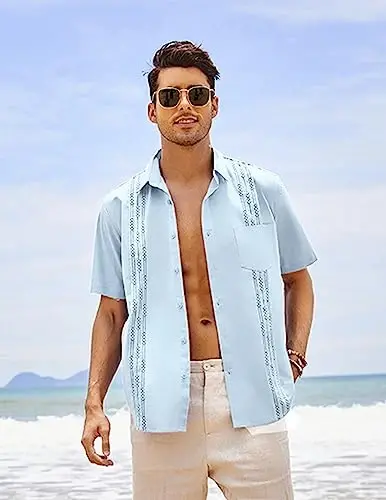 COOFANDY Mens Cuban Guayabera Shirt Short Sleeve Linen Button Down Shirts Casual Summer Beach Tops - 3